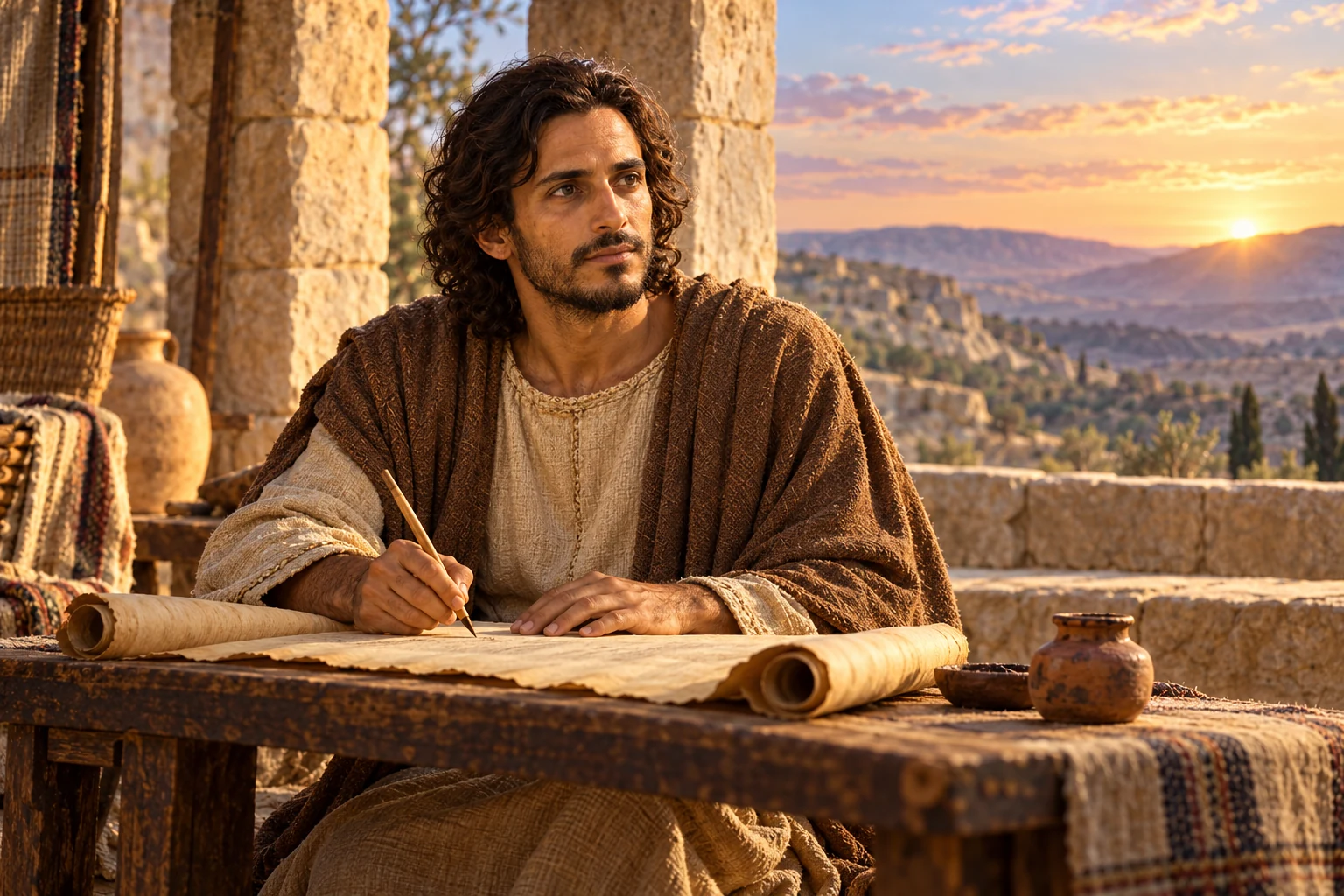 An imagined Enoch writes on a scroll at a low desk beside an open stone wall.