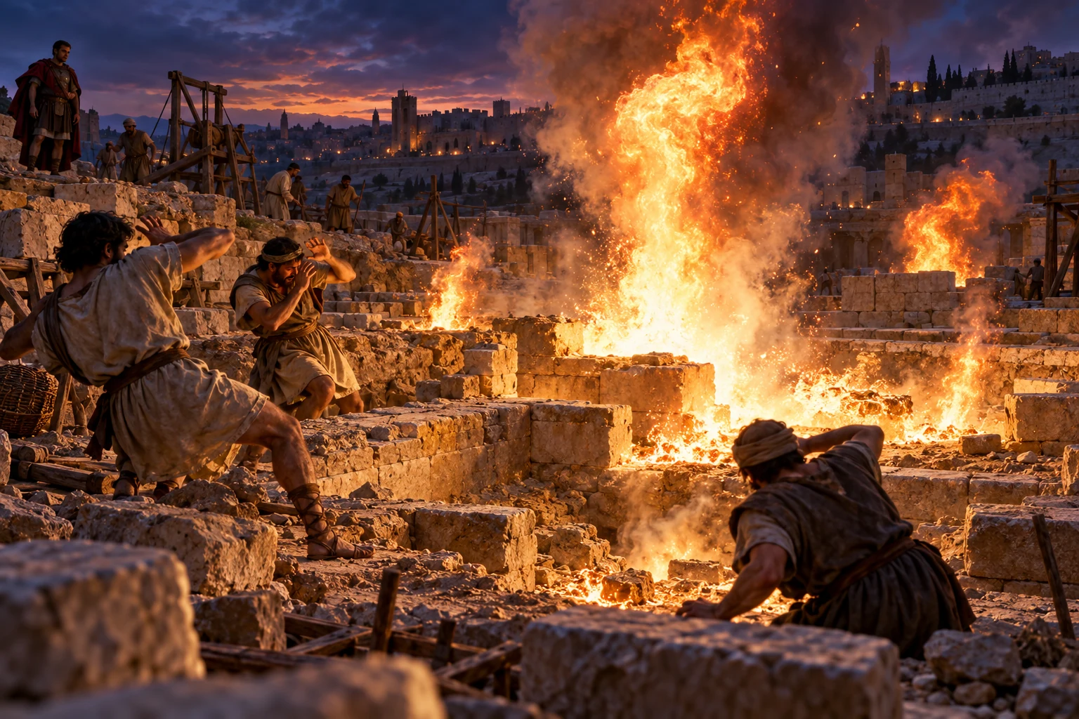 Imagined late Roman workers recoil from flame near ruined foundations; no completed new Temple is shown.