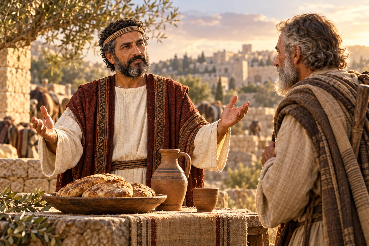 An imagined Melchizedek blesses Abram beside bread and an earthenware wine jug.