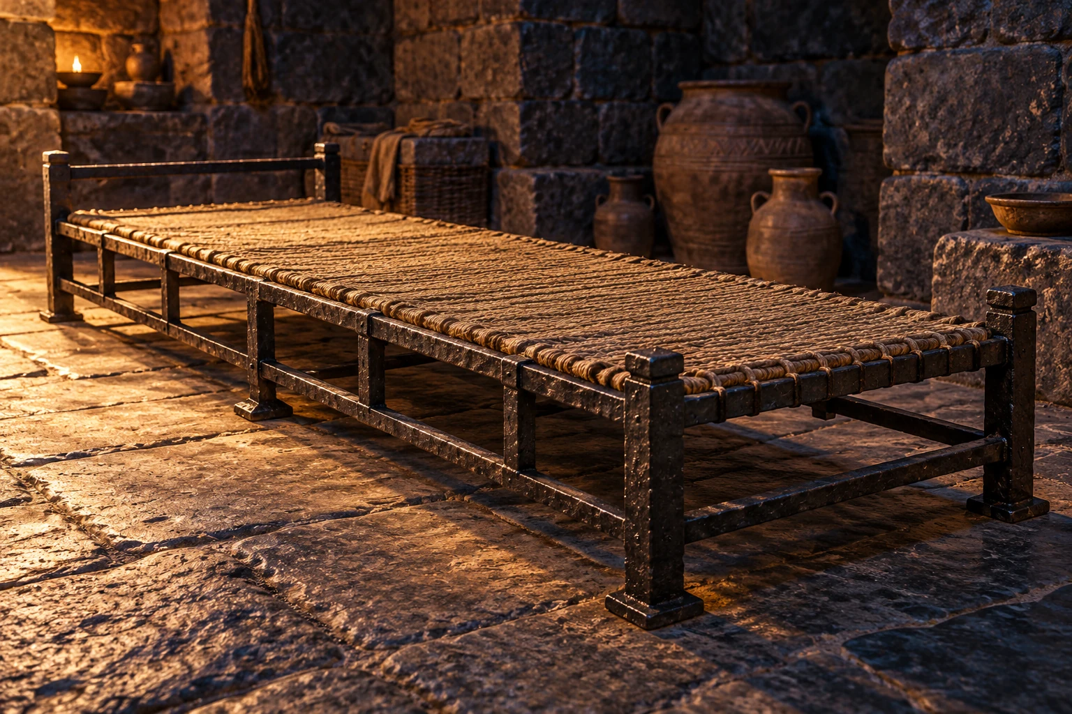 An imagined long iron bedstead with a woven mat in a basalt-walled room.