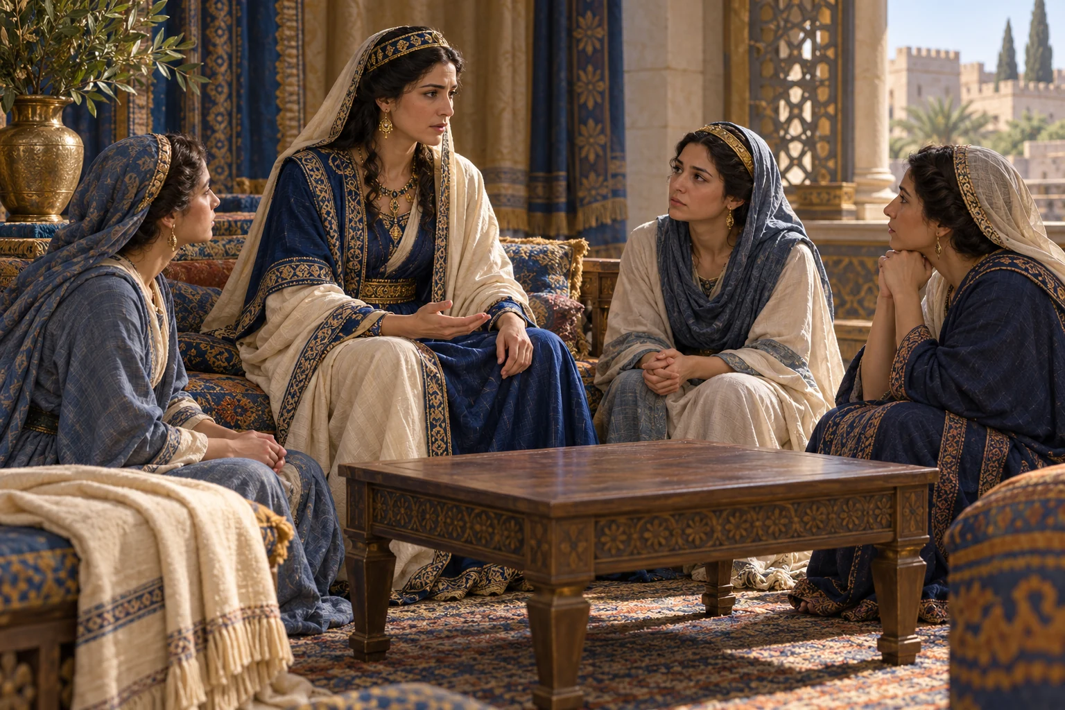 Esther and three attendants sit in a quiet chamber beside an empty table. AI-generated artistic interpretation.