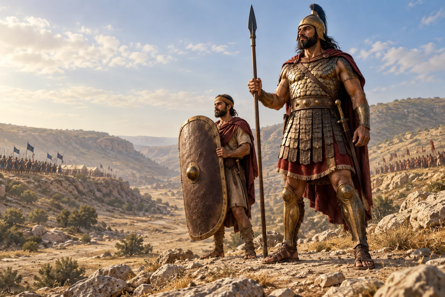 An armored challenger stands with a shield bearer before a valley. AI-generated artistic interpretation.