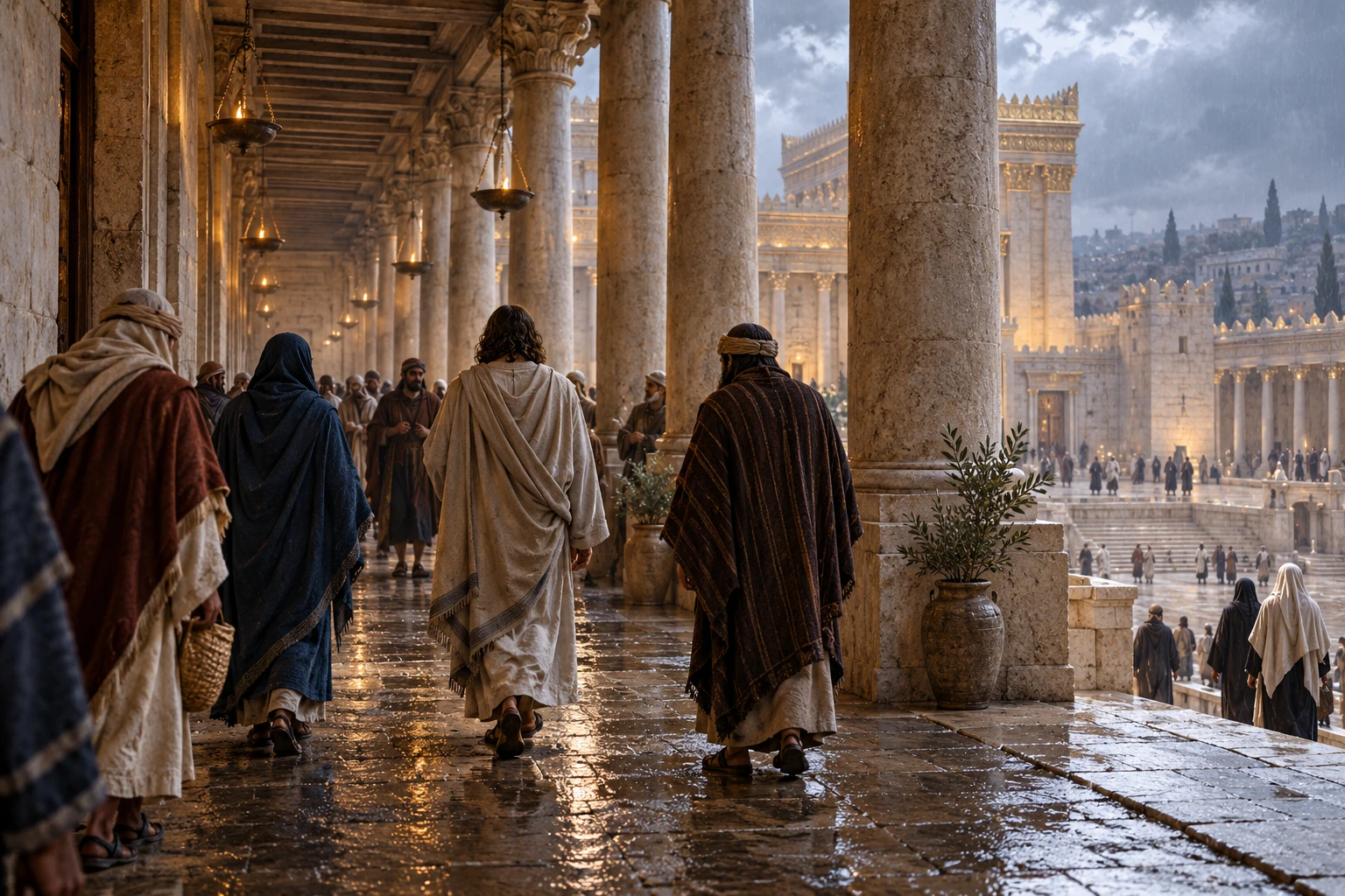 People walk through a sheltered stone portico in winter. AI-generated artistic interpretation.