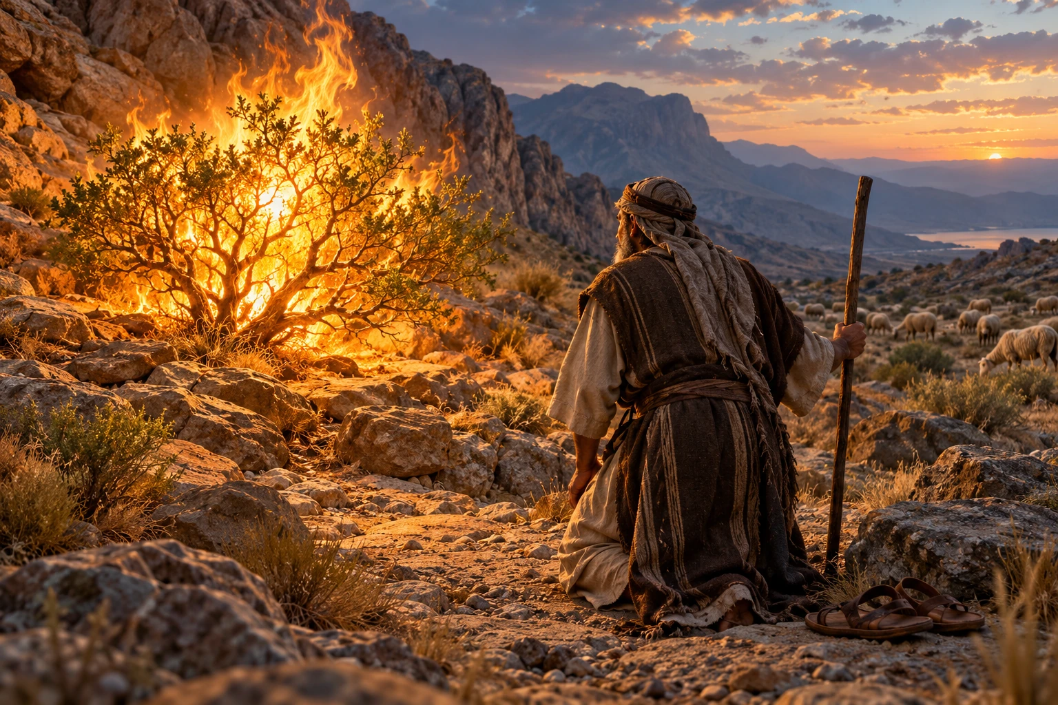 A shepherd approaches a burning shrub in rocky country. AI-generated artistic interpretation.
