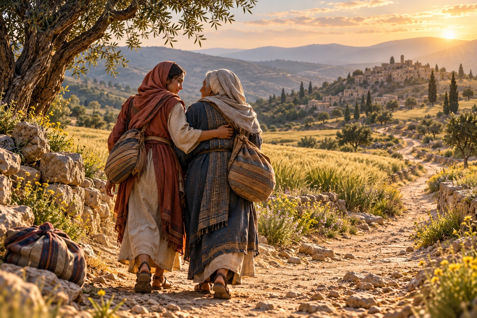 Ruth and Naomi stand together on a country road. AI-generated artistic interpretation.