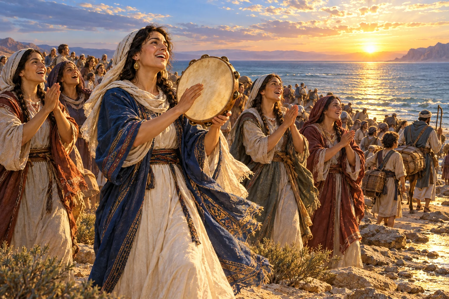 Moses is called; Pharaoh refuses; Miriam leads a response. — AI-generated artistic reconstruction