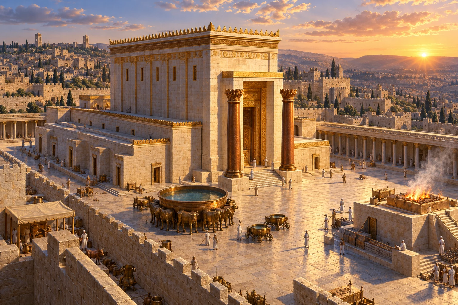 An artistic reconstruction of Solomon’s Temple, with bronze columns, a bronze basin and an altar.