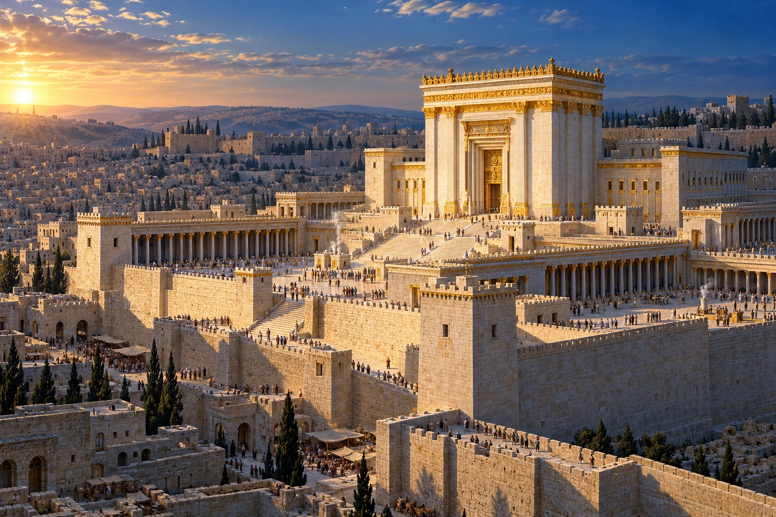 An artistic reconstruction of the Herodian Temple’s broad white and gold facade and surrounding courts.