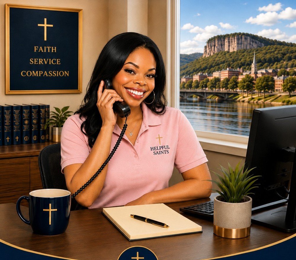 Helpful Saints secretary answering a telephone in a welcoming Greater Winona office