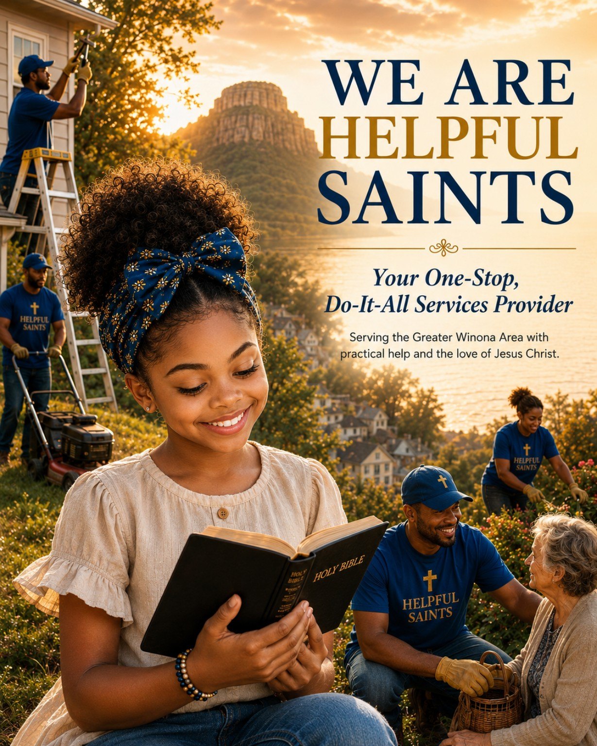 Helpful Saints serving Greater Winona while a young girl reads the Holy Bible and volunteers provide practical help.