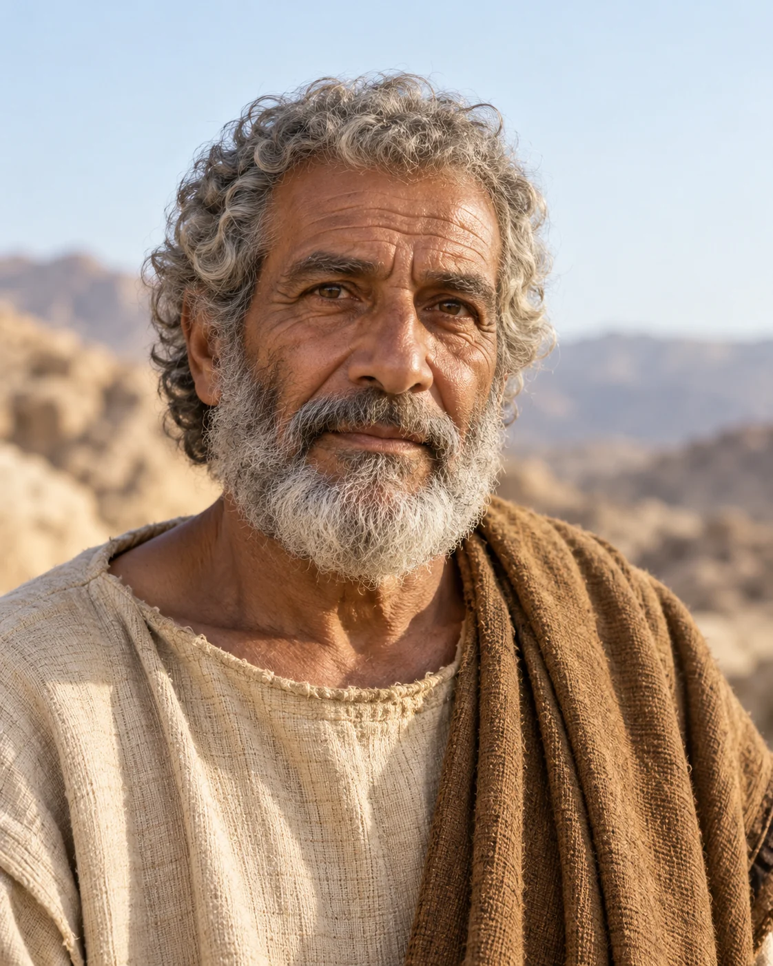 Historically informed reconstruction of Aaron, an elderly man with curly grey hair and short beard, in an undyed tunic and ochre-brown mantle.