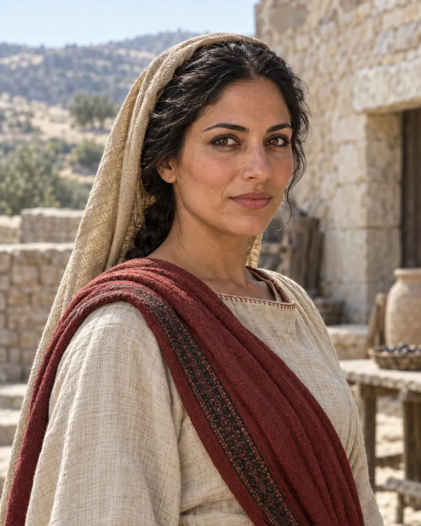 Photorealistic artistic reconstruction of Abigail in historically informed clothing from her narrative setting.