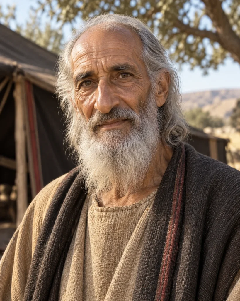 Photorealistic reconstruction of elderly Abraham with silver hair and beard, wearing an oatmeal garment and dark wool cloak near a tent.