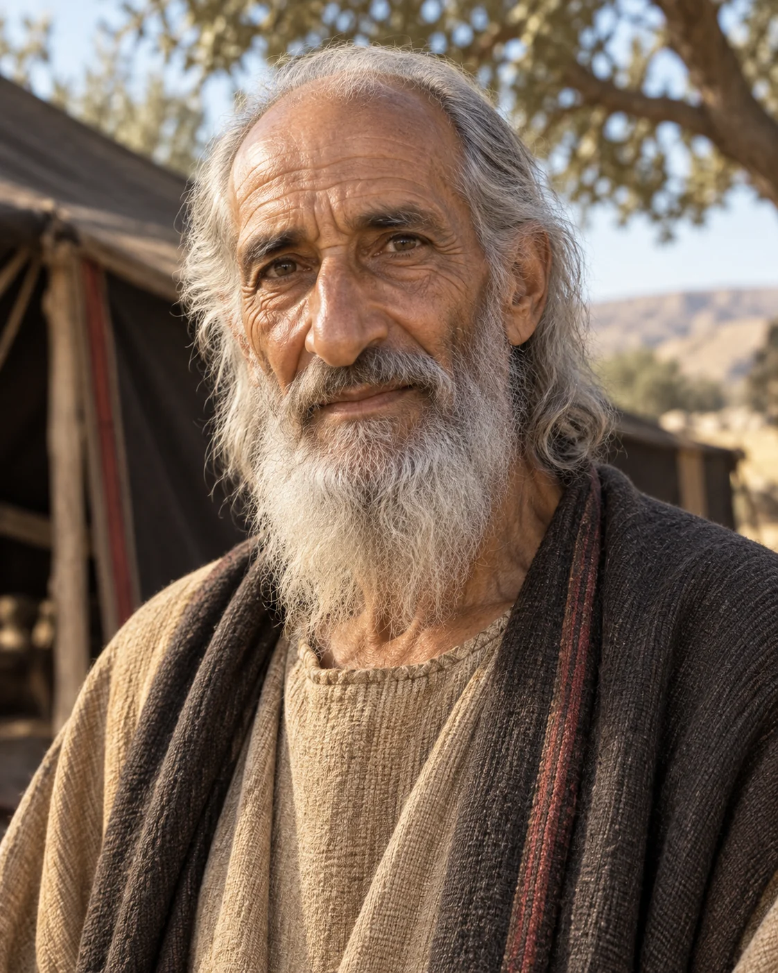 Photorealistic reconstruction of elderly Abraham with silver hair and beard, wearing an oatmeal garment and dark wool cloak near a tent.