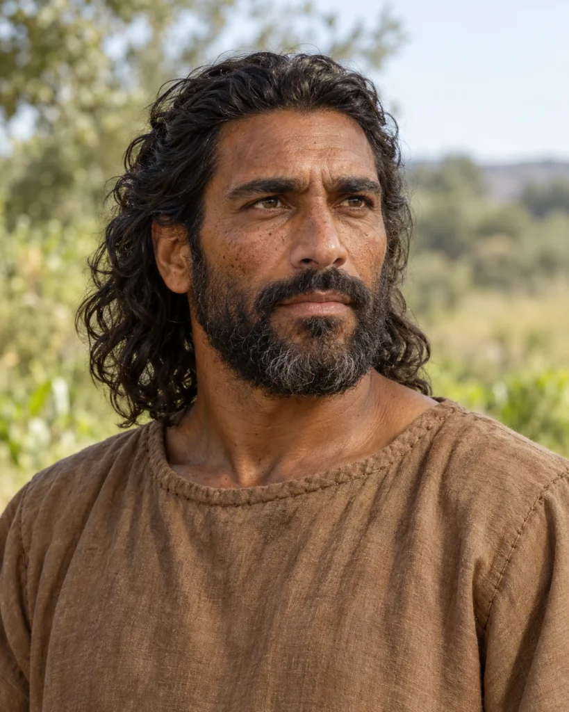 Photorealistic artistic reconstruction of Adam in a plainly clothed narrative setting; appearance unknown.