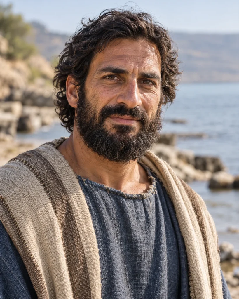 Photorealistic artistic reconstruction of Andrew in simple first-century tunic and wool mantle.