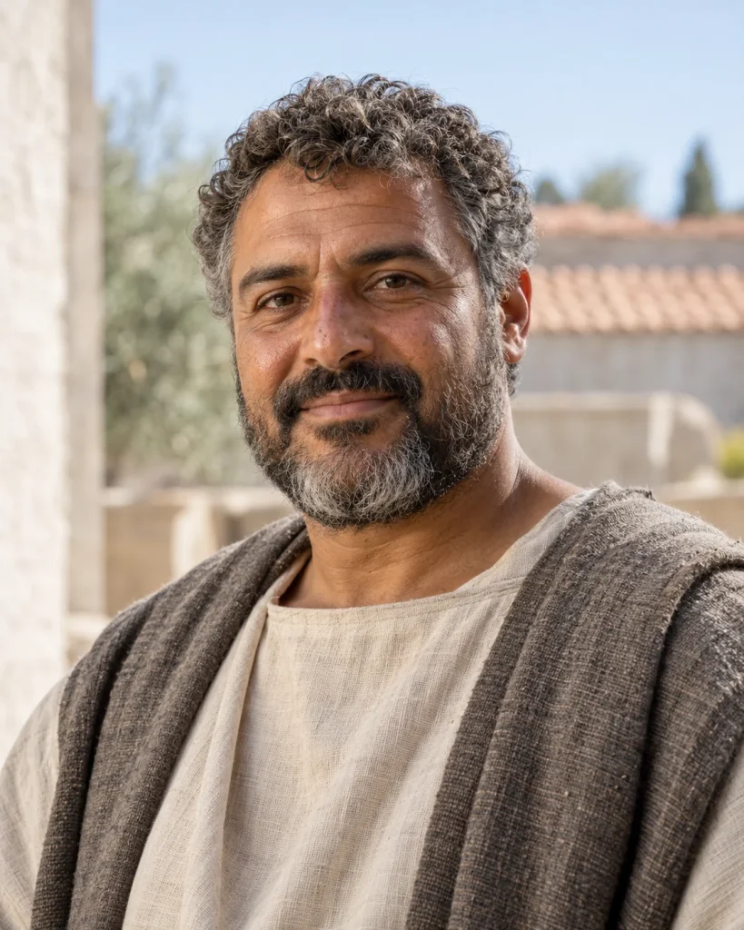 Photorealistic artistic reconstruction of Andronicus in historically informed first-century clothing.