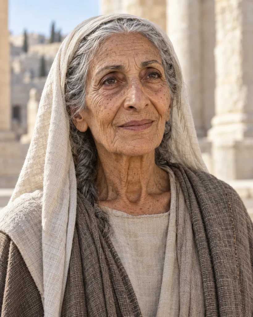 Photorealistic reconstruction of Anna the prophetess as a very elderly woman in an ivory headcloth and grey-brown wool mantle.