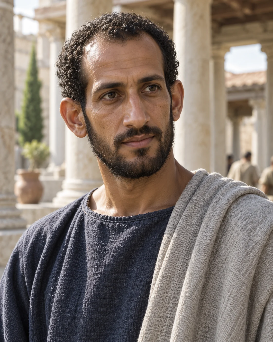 Photorealistic artistic reconstruction of Apollos in historically informed period clothing.