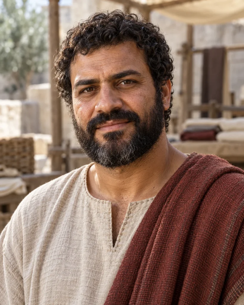 Photorealistic reconstruction of Aquila as a mature curly-haired, short-bearded artisan in a linen tunic and reddish-brown mantle.