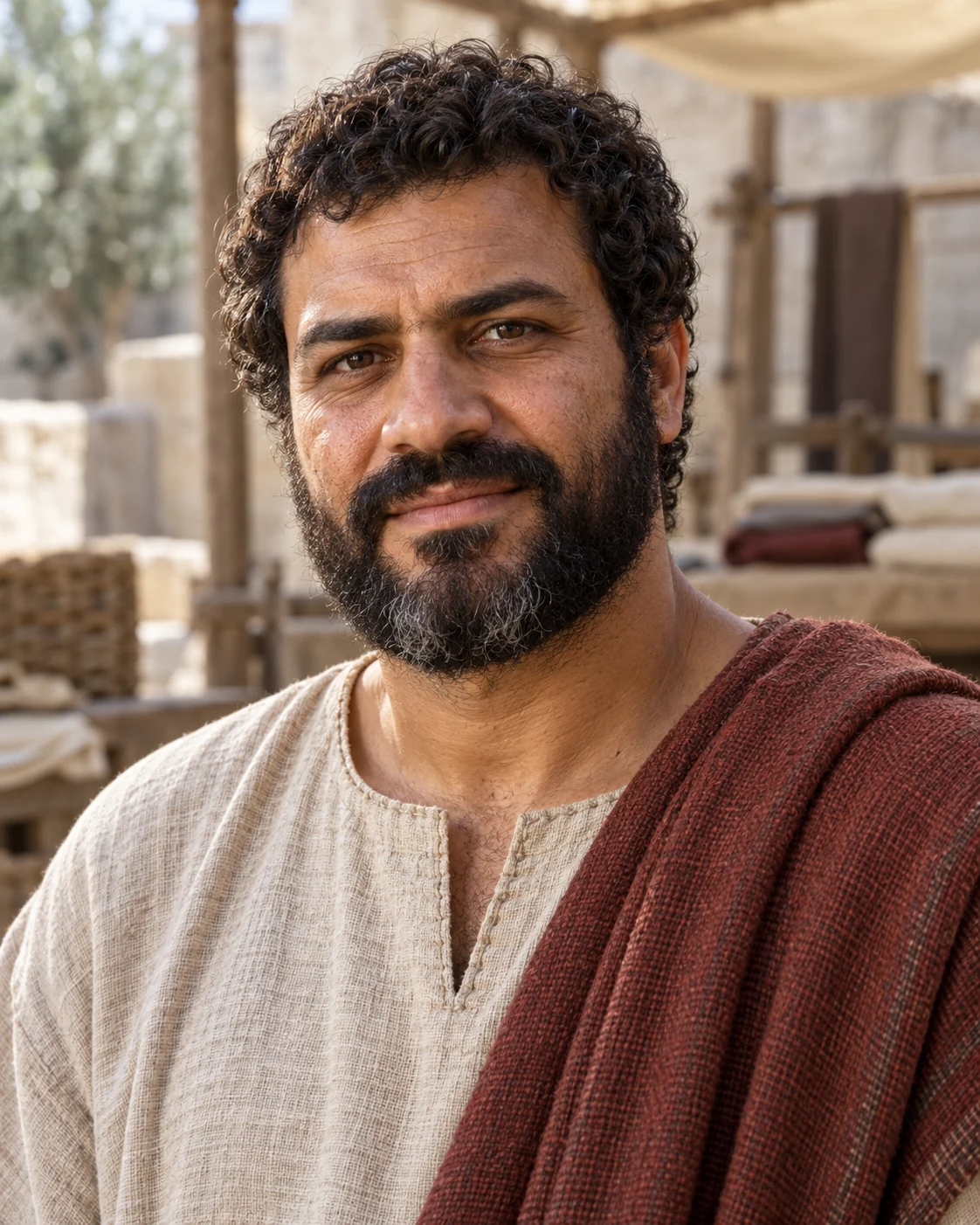 Photorealistic reconstruction of Aquila as a mature curly-haired, short-bearded artisan in a linen tunic and reddish-brown mantle.