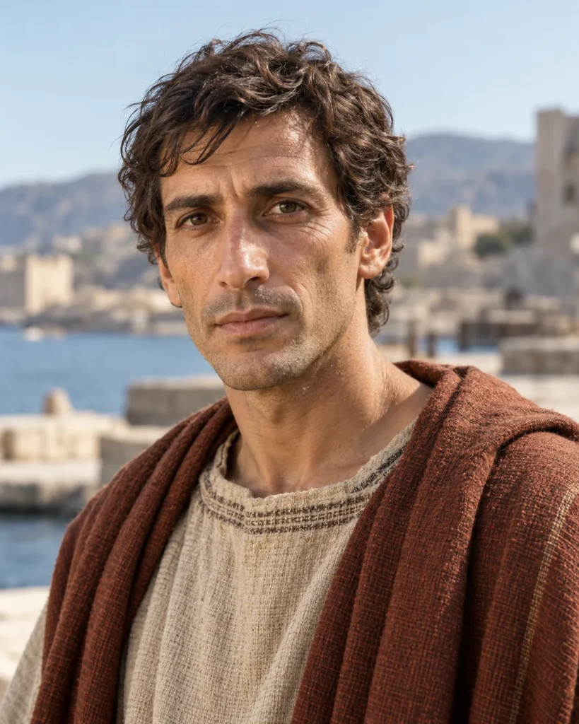 Photorealistic artistic reconstruction of Aristarchus in historically informed first-century clothing.