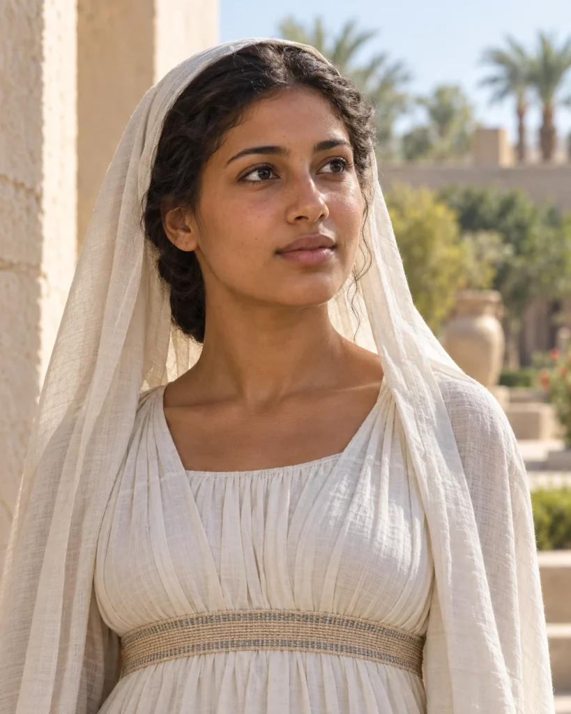 Photorealistic reconstruction of Asenath following Joseph and Aseneth, a young adult woman in a fine ivory linen robe, woven girdle and pale veil.