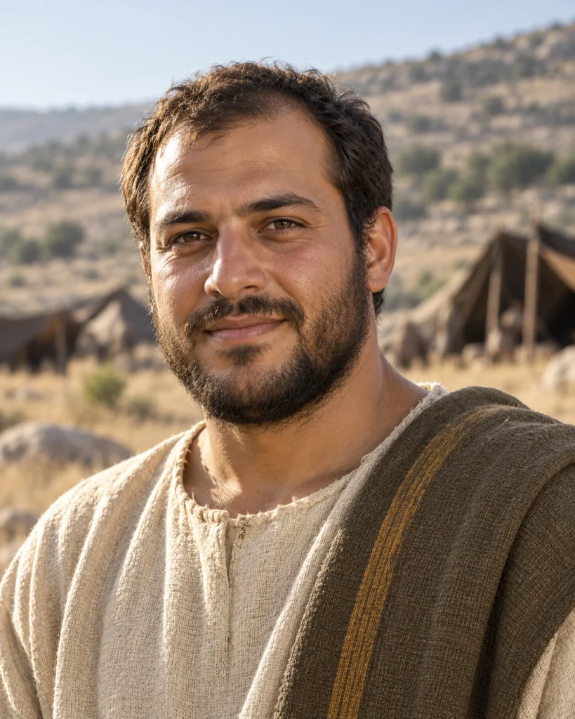 Photorealistic artistic reconstruction of Asher, son of Jacob, in plain historically informed pastoral clothing.