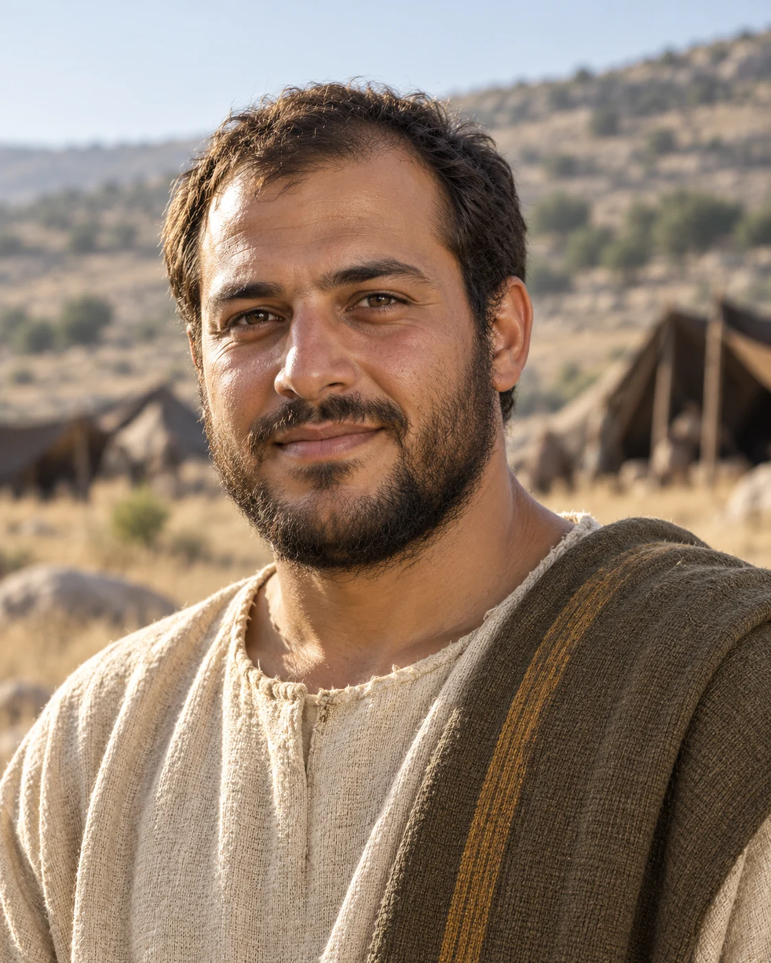 Photorealistic artistic reconstruction of Asher, son of Jacob, in plain historically informed pastoral clothing.