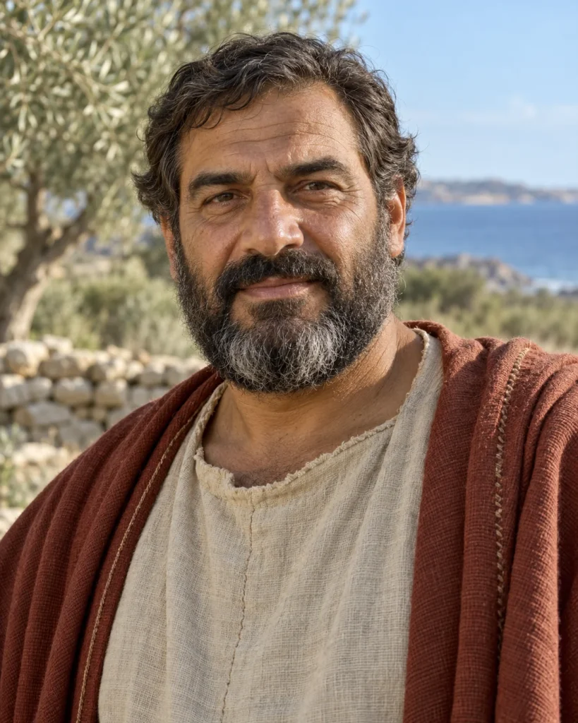 Photorealistic artistic reconstruction of Barnabas in historically informed first-century clothing.