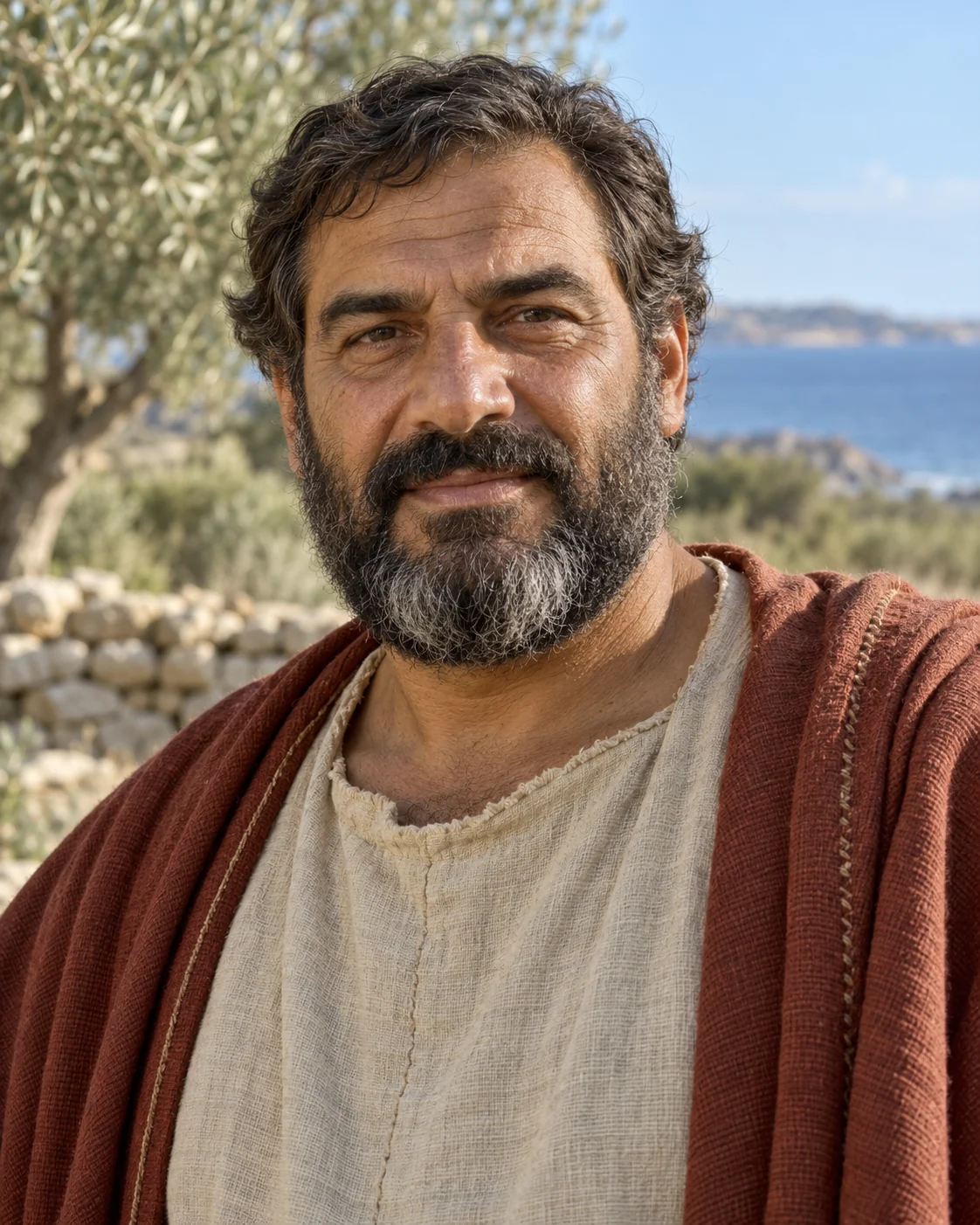 Photorealistic artistic reconstruction of Barnabas in historically informed first-century clothing.