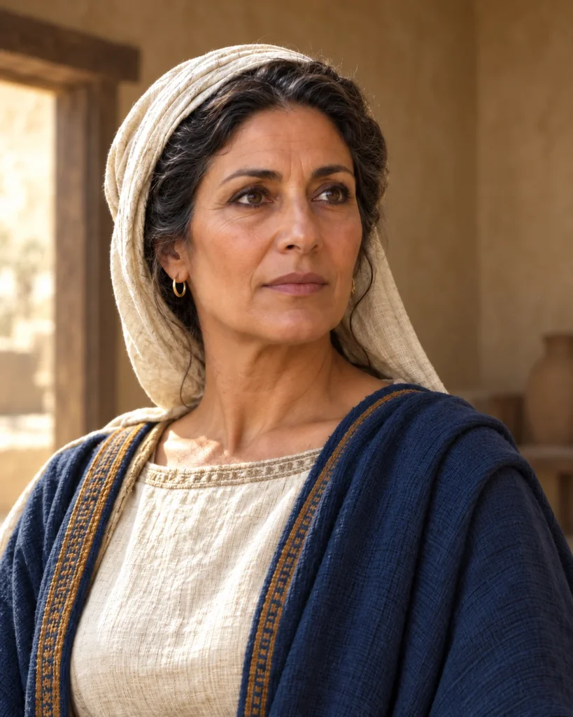 Photorealistic artistic reconstruction of Bathsheba in historically informed clothing from her narrative setting.