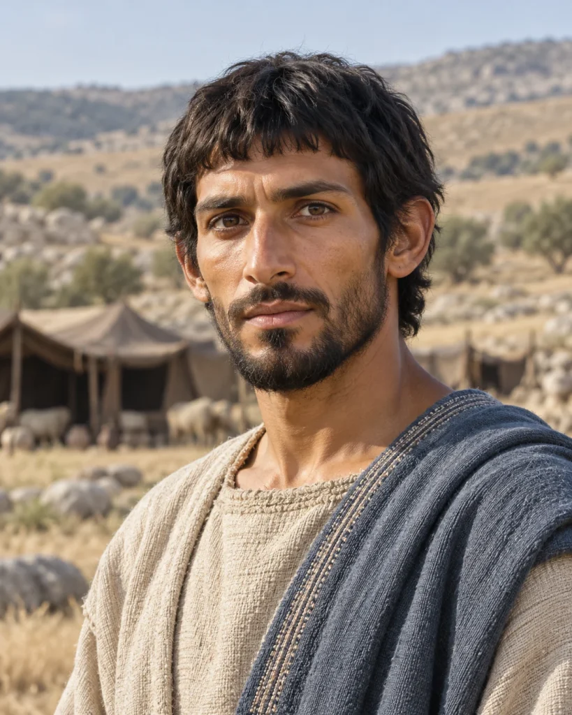 Photorealistic artistic reconstruction of Dan son of Jacob, son of Jacob, in plain historically informed pastoral clothing.