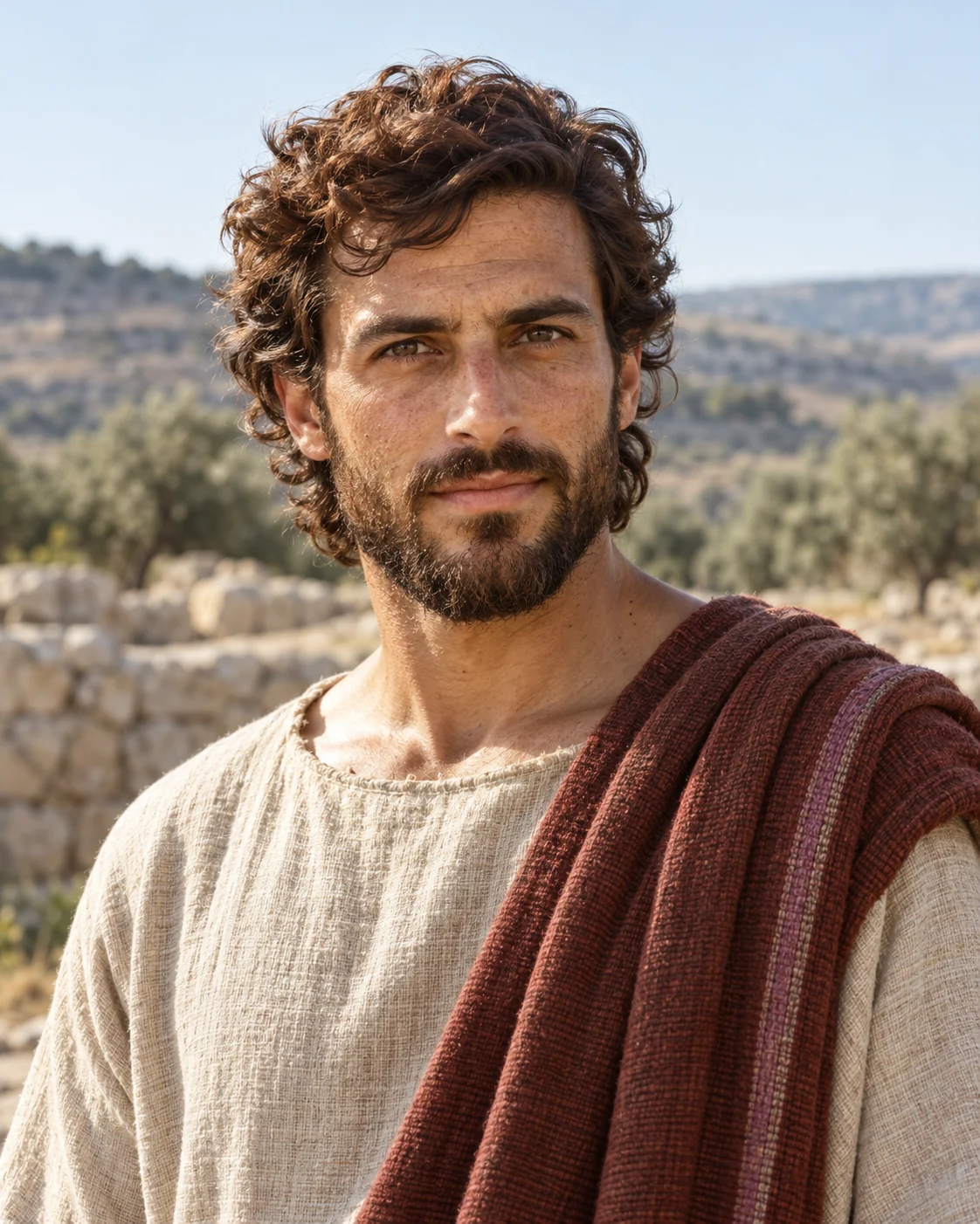 Historically informed reconstruction of David, a young bearded man in a linen tunic and reddish-brown mantle, in an anonymous Judean highland setting.