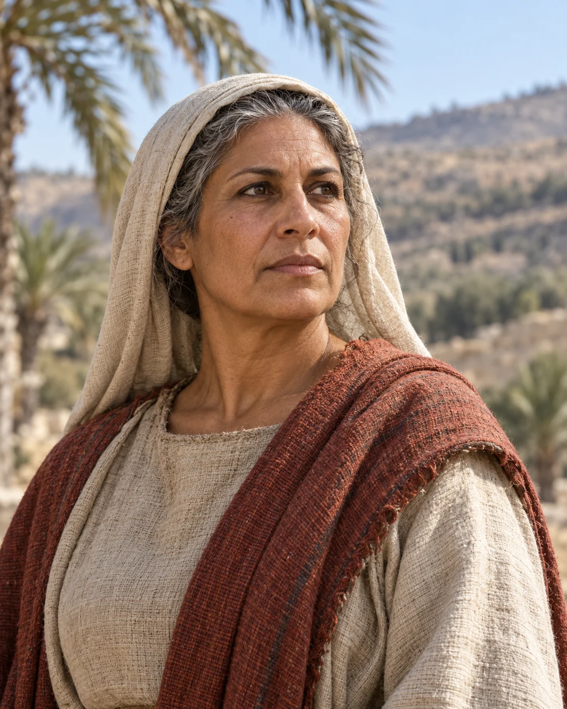 Photorealistic artistic reconstruction of Deborah in historically informed clothing from her narrative setting.