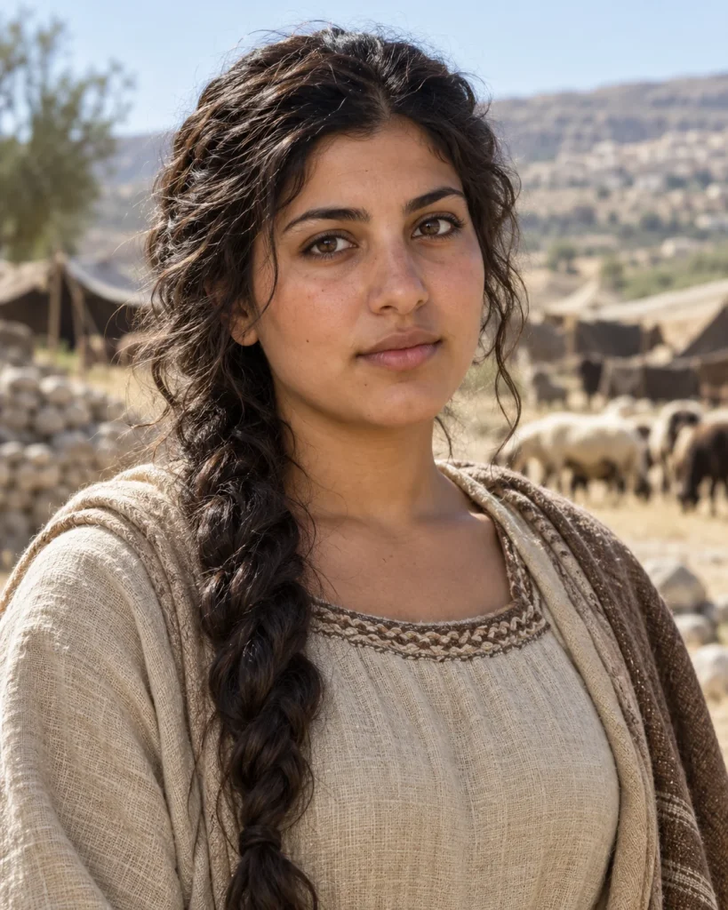 Photorealistic artistic reconstruction of Dinah in historically informed clothing from her narrative setting.