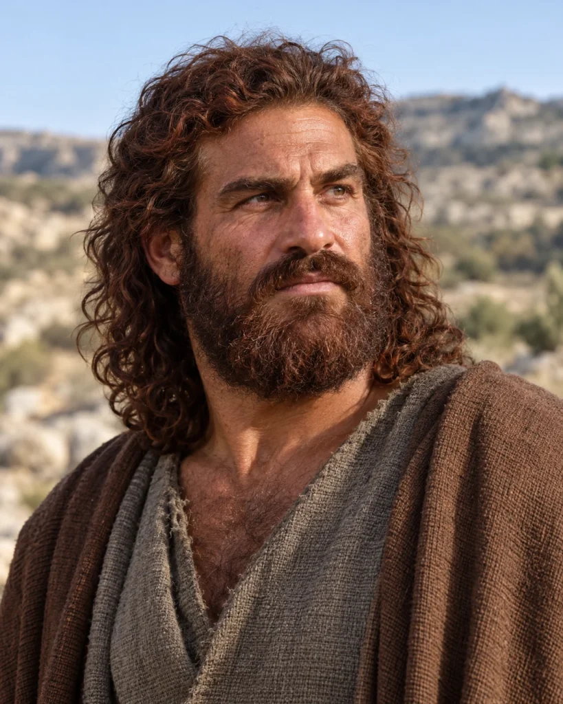 Photorealistic reconstruction of Esau, a ruddy bearded adult with dense reddish-brown hair and visible chest hair, wearing plain wool garments.