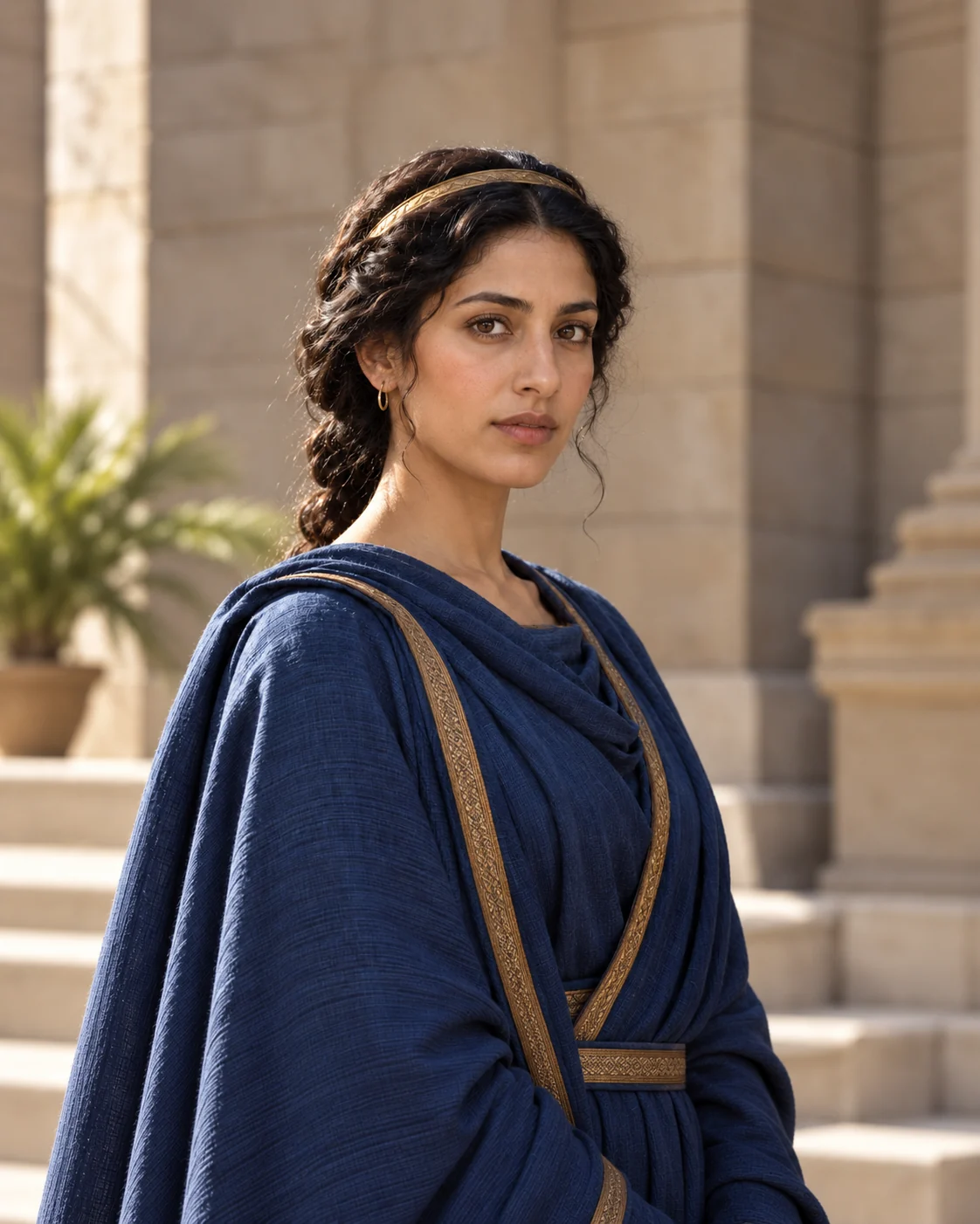Historically informed reconstruction of Esther, an adult woman in a deep blue draped robe with a narrow gold-colored edge and simple gold hair fillet.