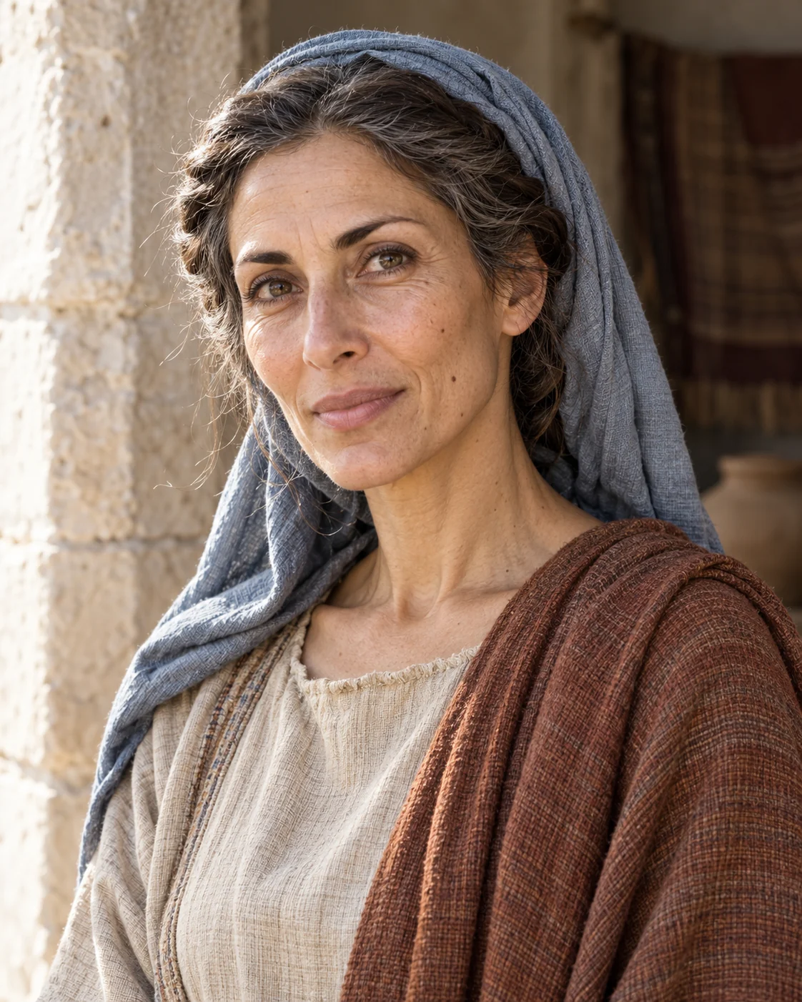 Photorealistic artistic reconstruction of Eunice in historically informed first-century clothing.
