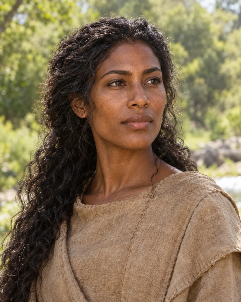 Photorealistic artistic reconstruction of Eve in a plainly clothed narrative setting; appearance unknown.