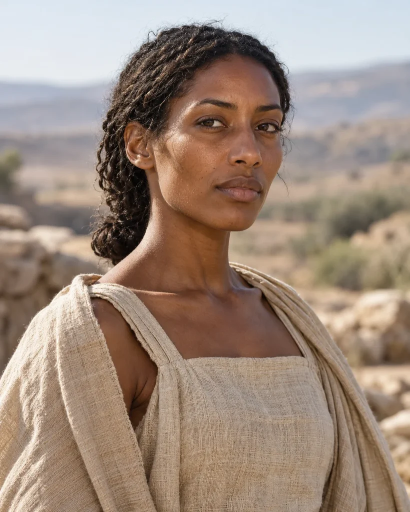 Photorealistic reconstruction of Hagar, an adult Egyptian woman with dark braids in a plain linen dress and shoulder drape, against a Canaan landscape.