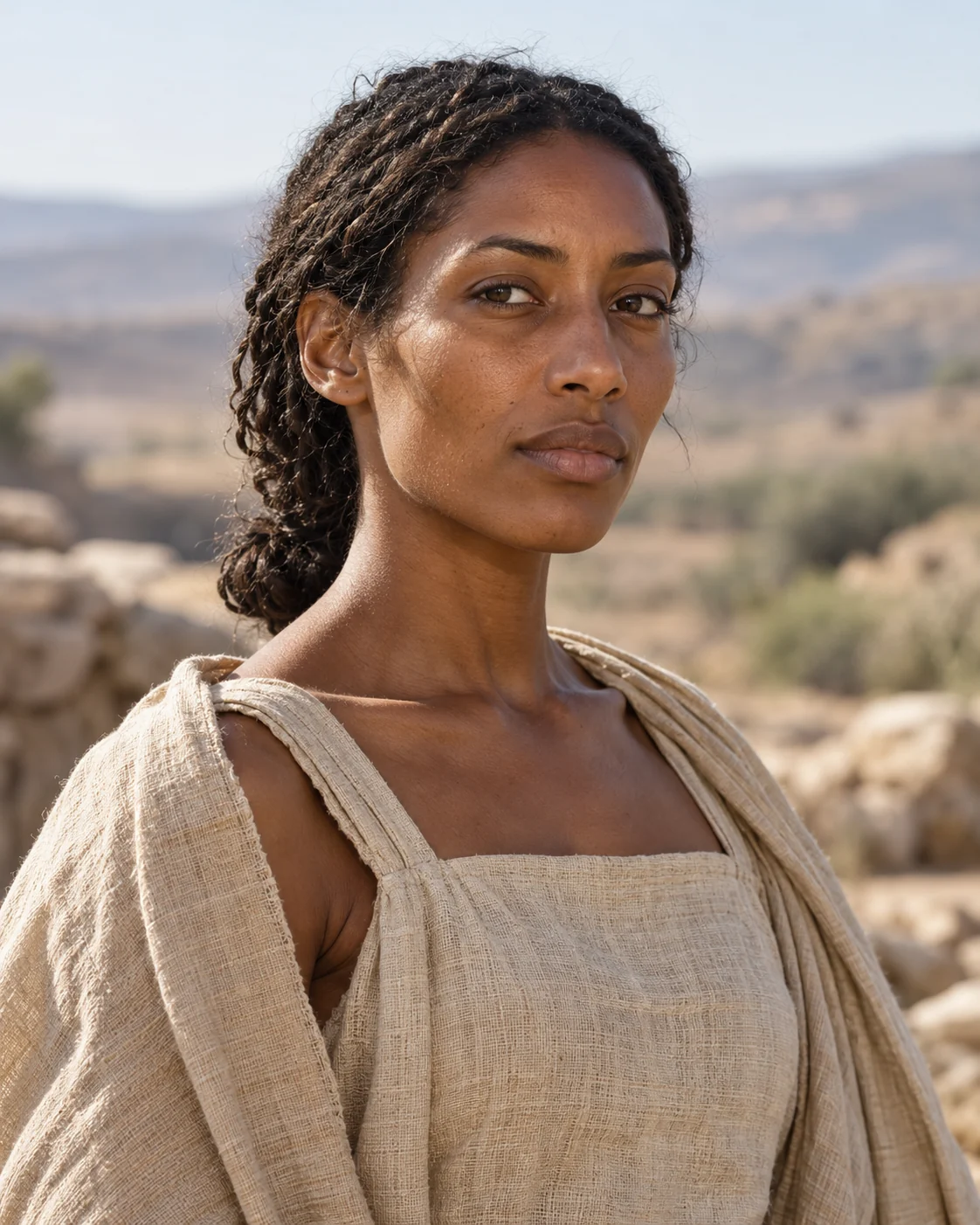 Photorealistic reconstruction of Hagar, an adult Egyptian woman with dark braids in a plain linen dress and shoulder drape, against a Canaan landscape.
