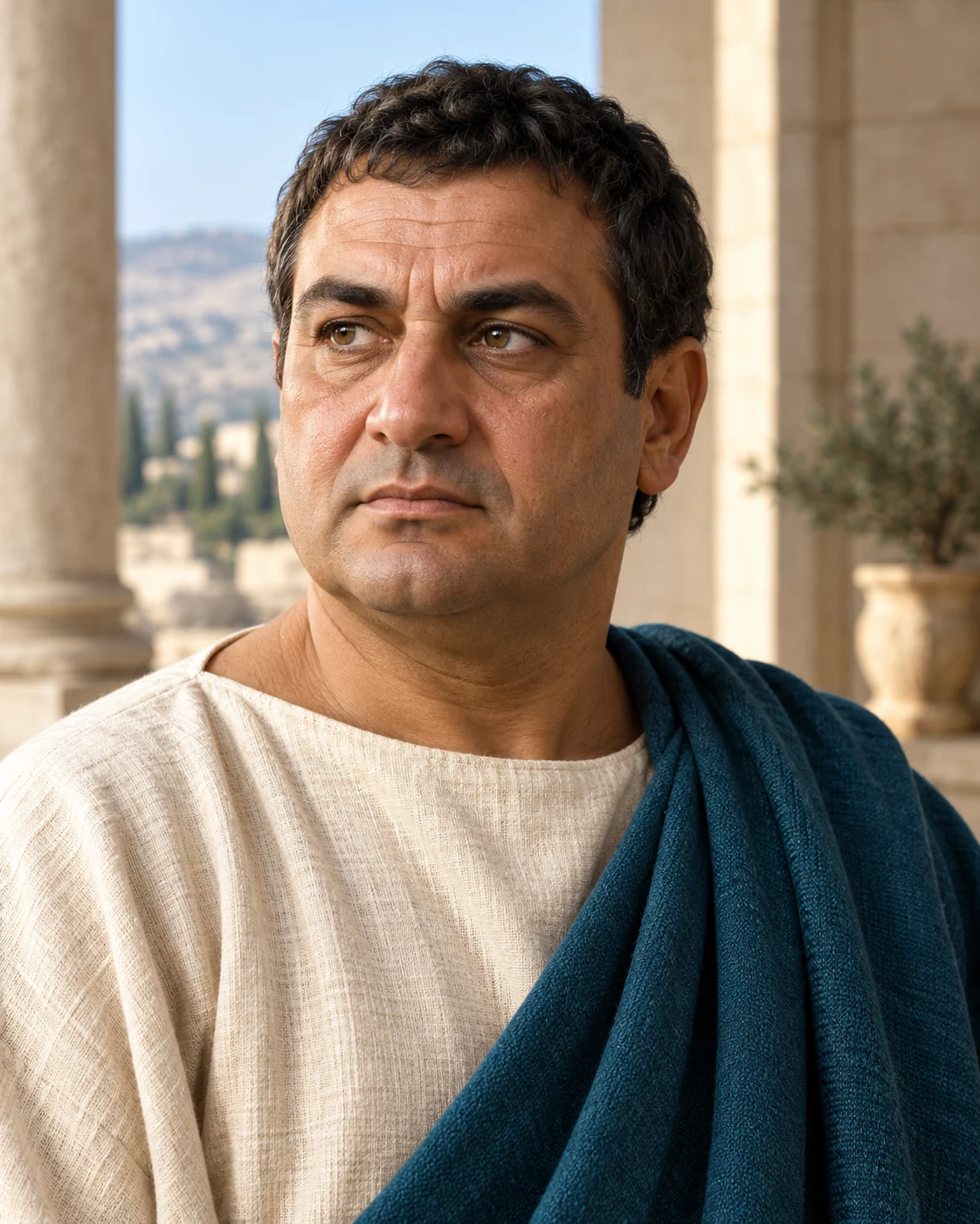 Photorealistic artistic reconstruction of Herod Antipas in historically informed period clothing.