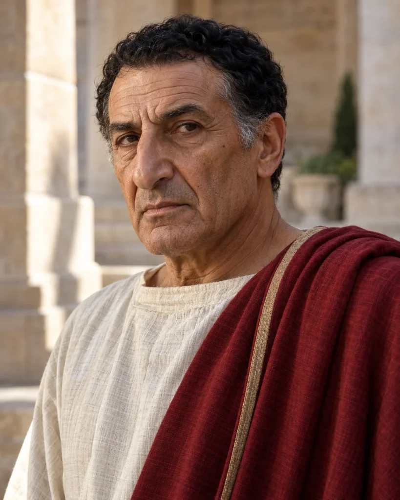 Photorealistic artistic reconstruction of Herod the Great in historically informed period clothing.
