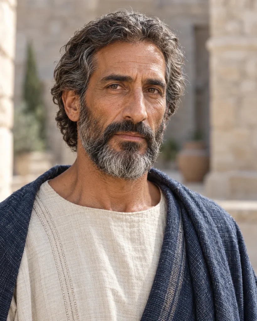 Photorealistic artistic reconstruction of Hiram (king of Tyre); exact appearance and garment details are uncertain.