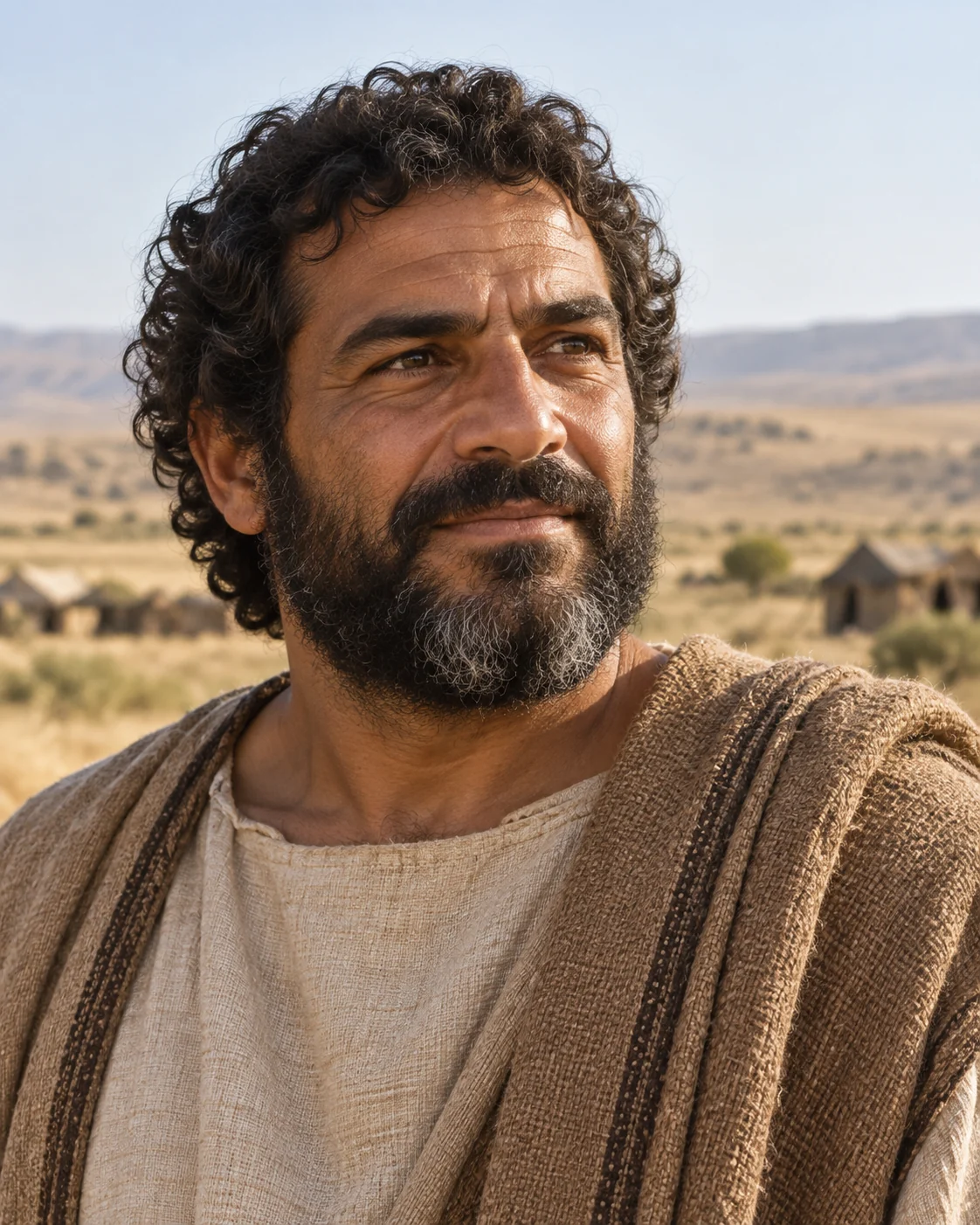 Photorealistic reconstruction of Isaac around his marriage, with dark curly hair and beard, wearing a linen garment and tan wool wrap.