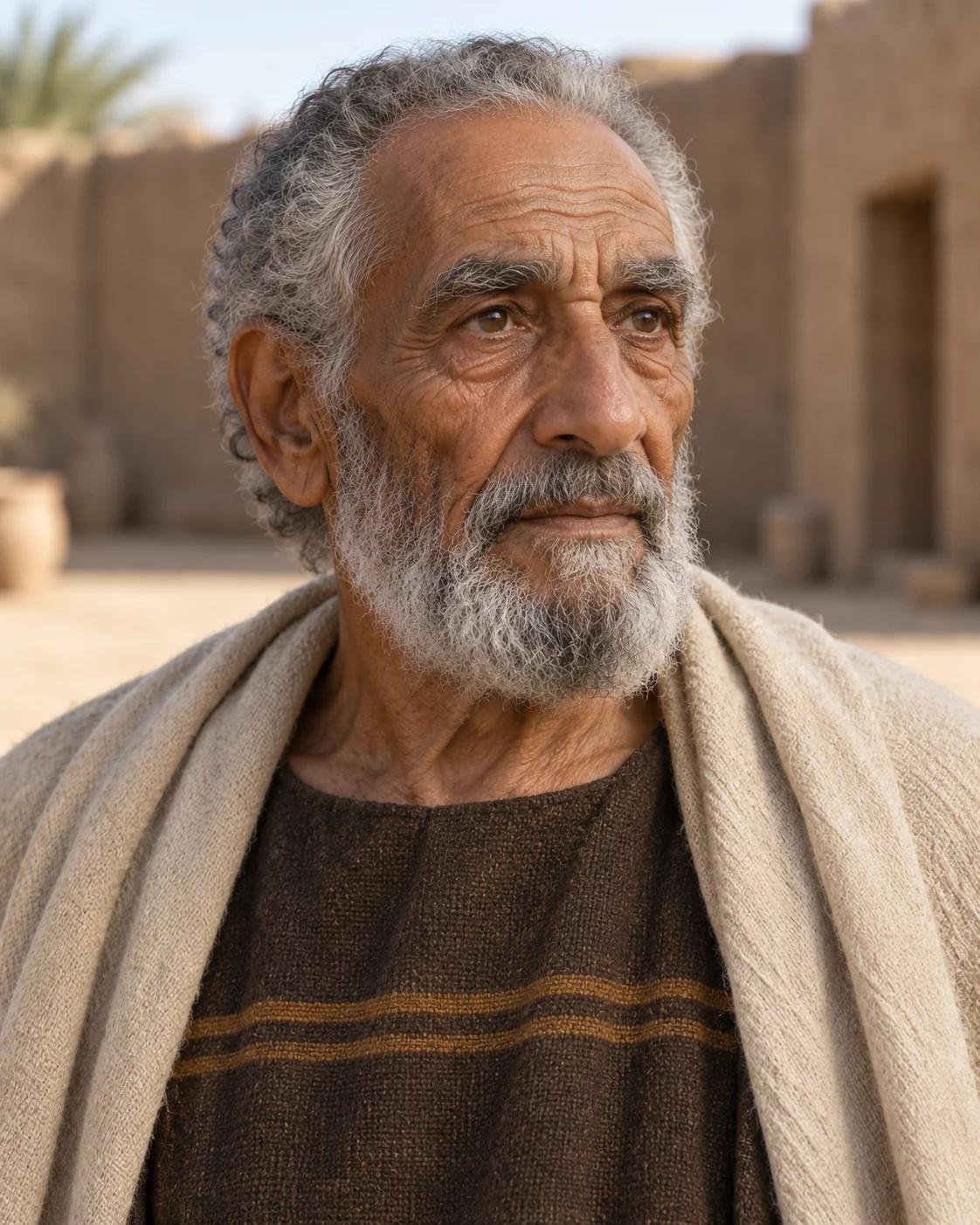 Photorealistic reconstruction of elderly Jacob, with short grey hair and beard, in a banded dark wool garment and pale mantle.
