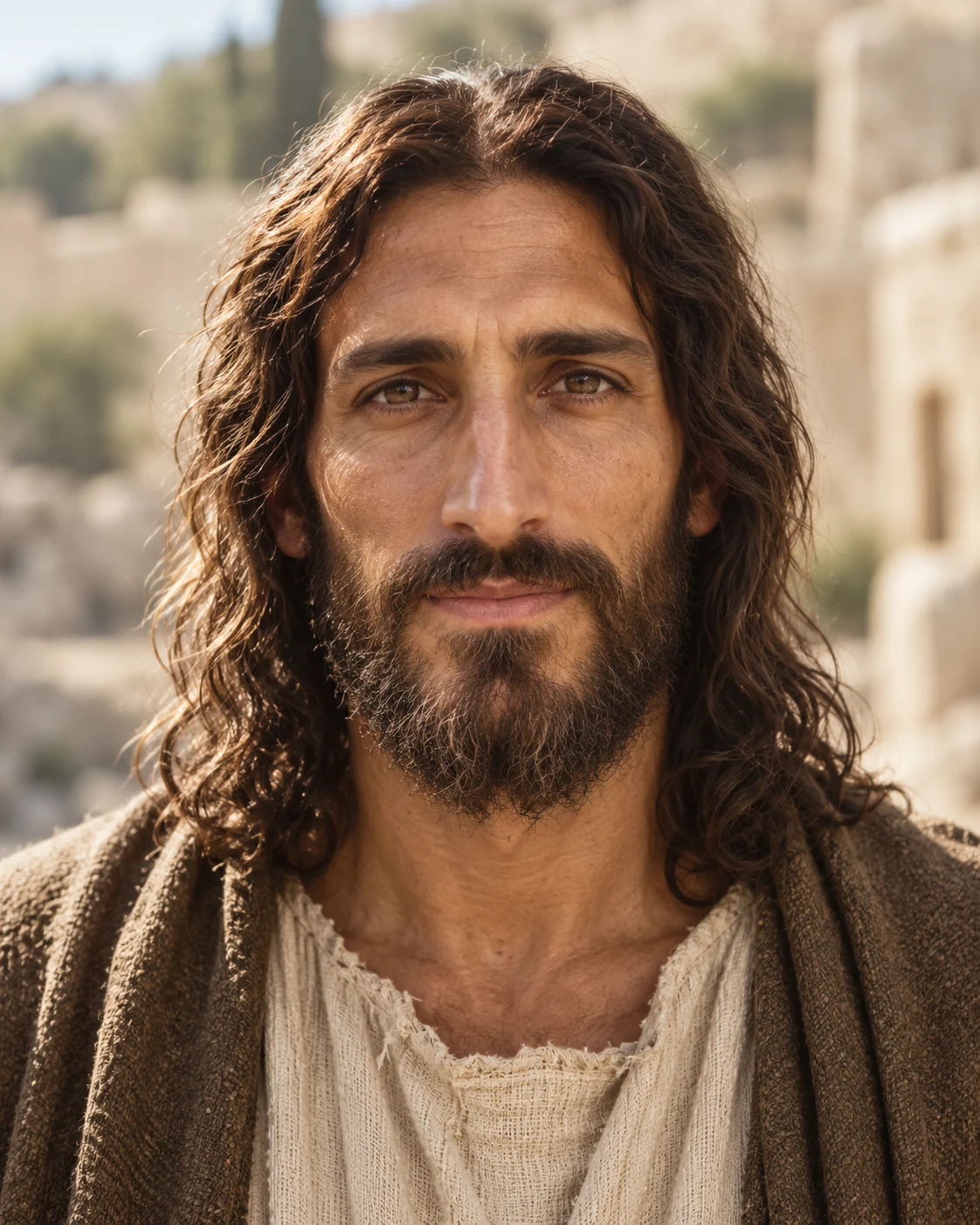 Shroud-informed artistic reconstruction of Jesus as a living adult man, with long dark hair and a divided beard, wearing a plain tunic and mantle.