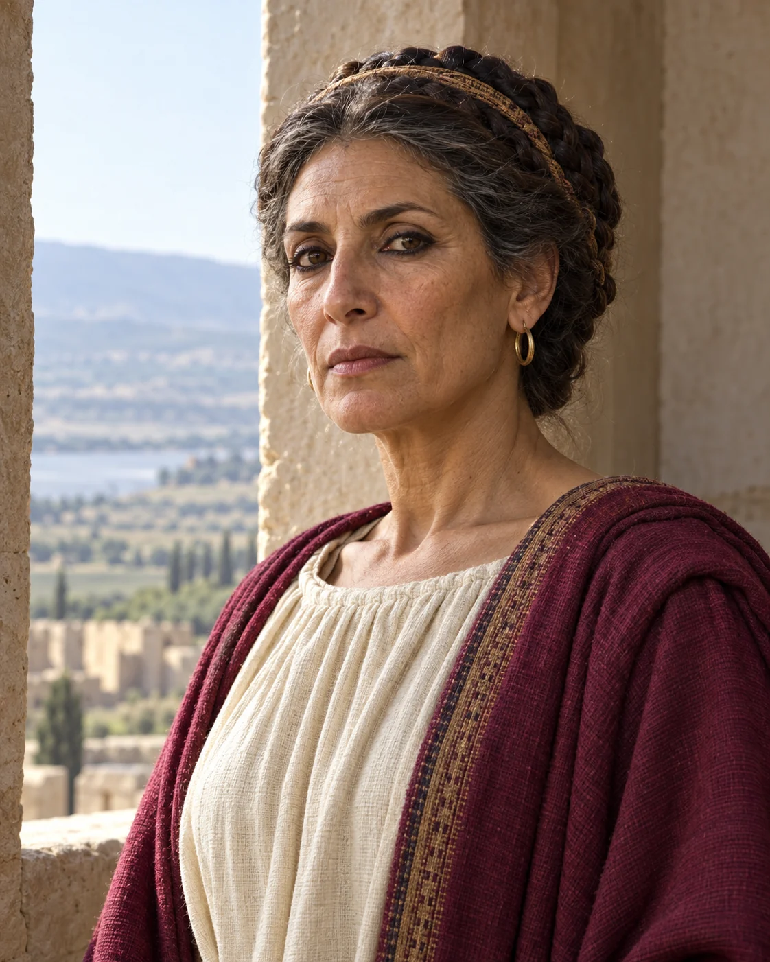 Photorealistic artistic reconstruction of Jezebel in historically informed clothing from her narrative setting.