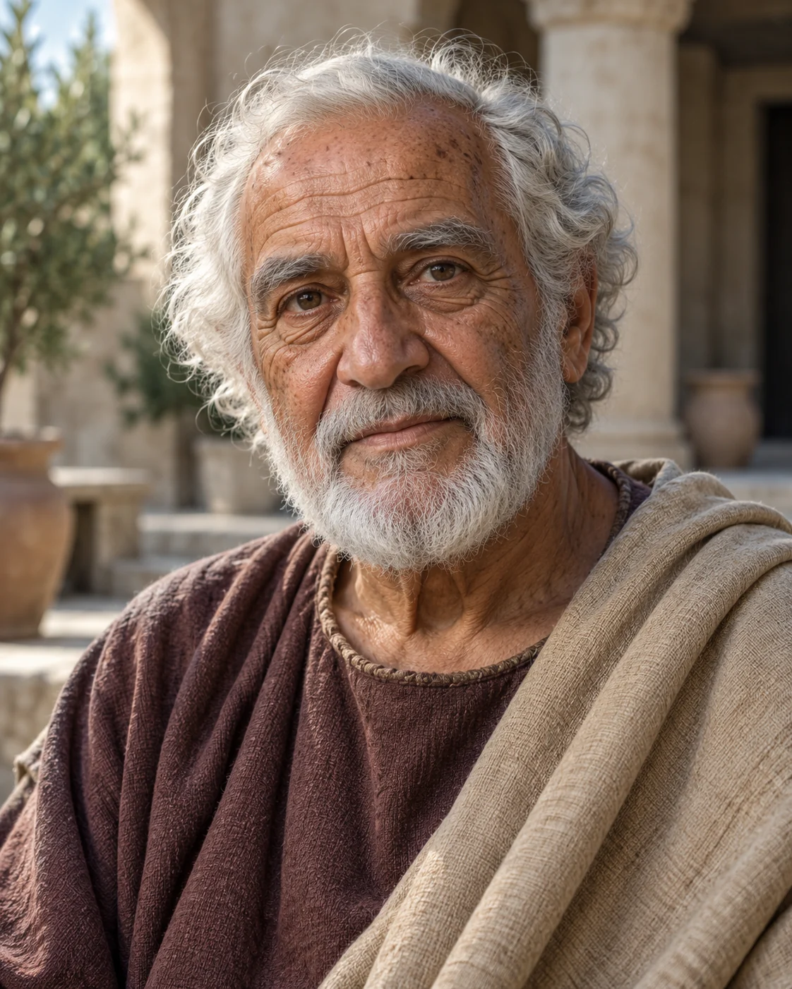 Photorealistic artistic reconstruction of John (apostle) in simple first-century tunic and wool mantle.